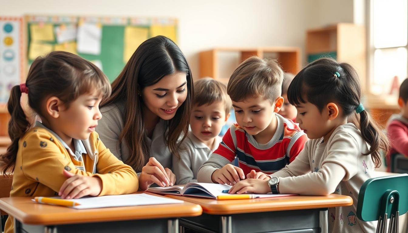 Students studying together in modern classroom